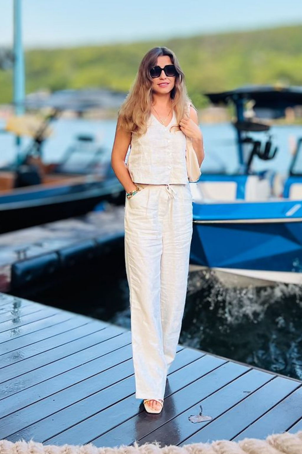 Cropped Vest Set in Linen Checks