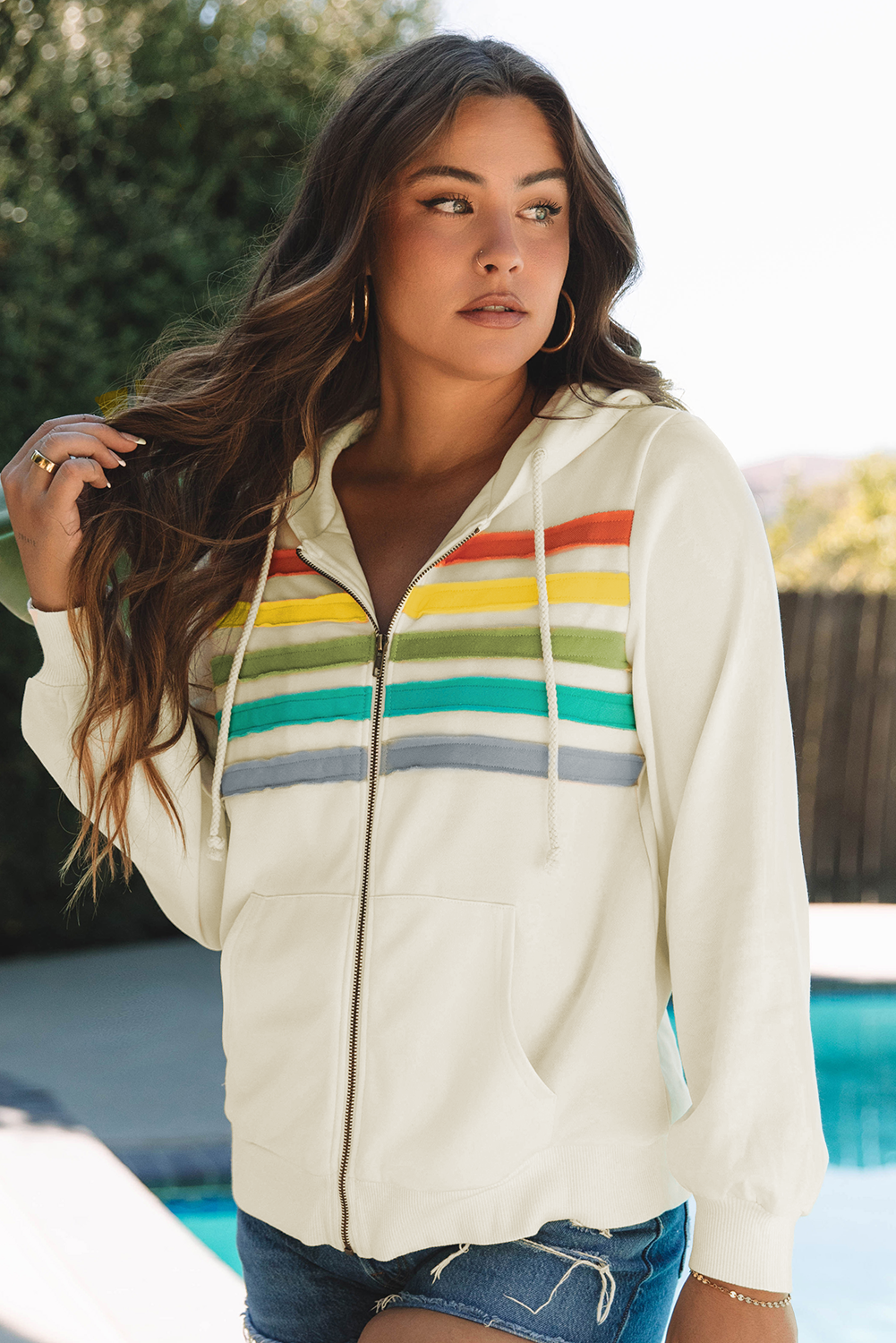 Daisy Striped Patchwork Zipper Hoodie