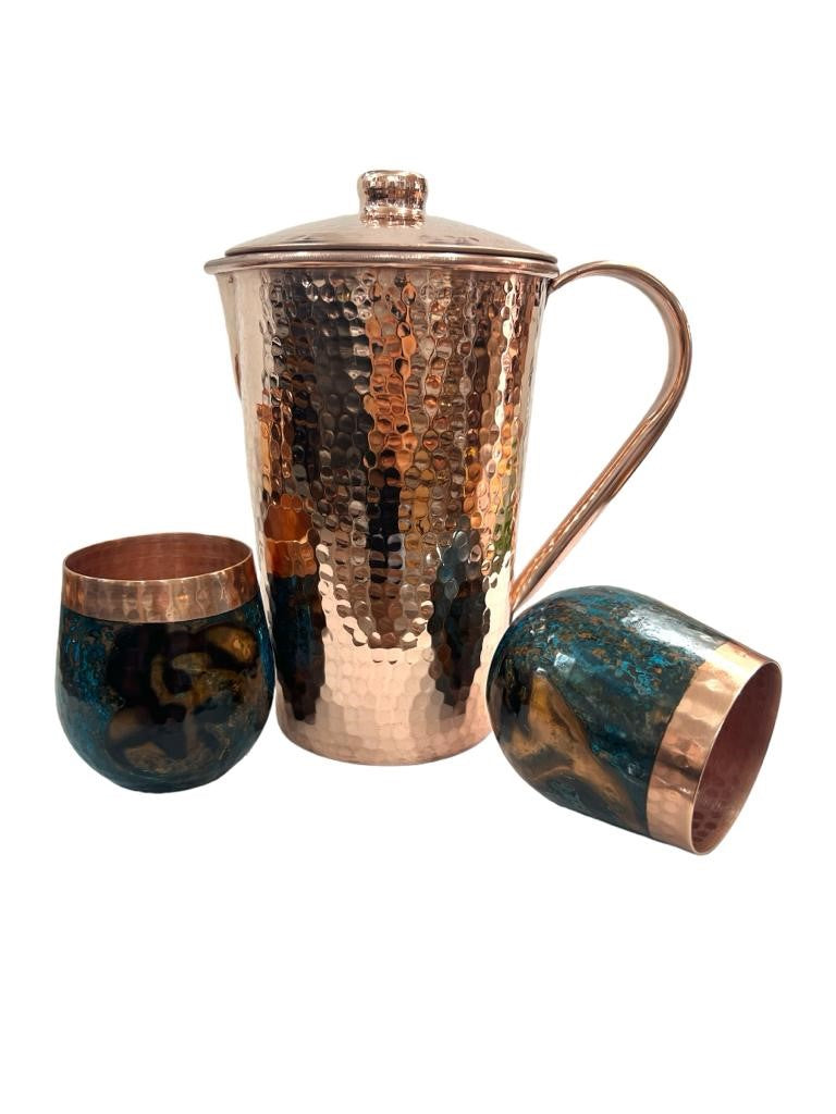 Set of One Shiny Hammered Copper Pitcher with Top and Two Blue Marbled Tumblers