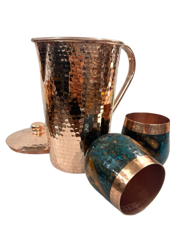 Set of One Shiny Hammered Copper Pitcher with Top and Two Blue Marbled Tumblers