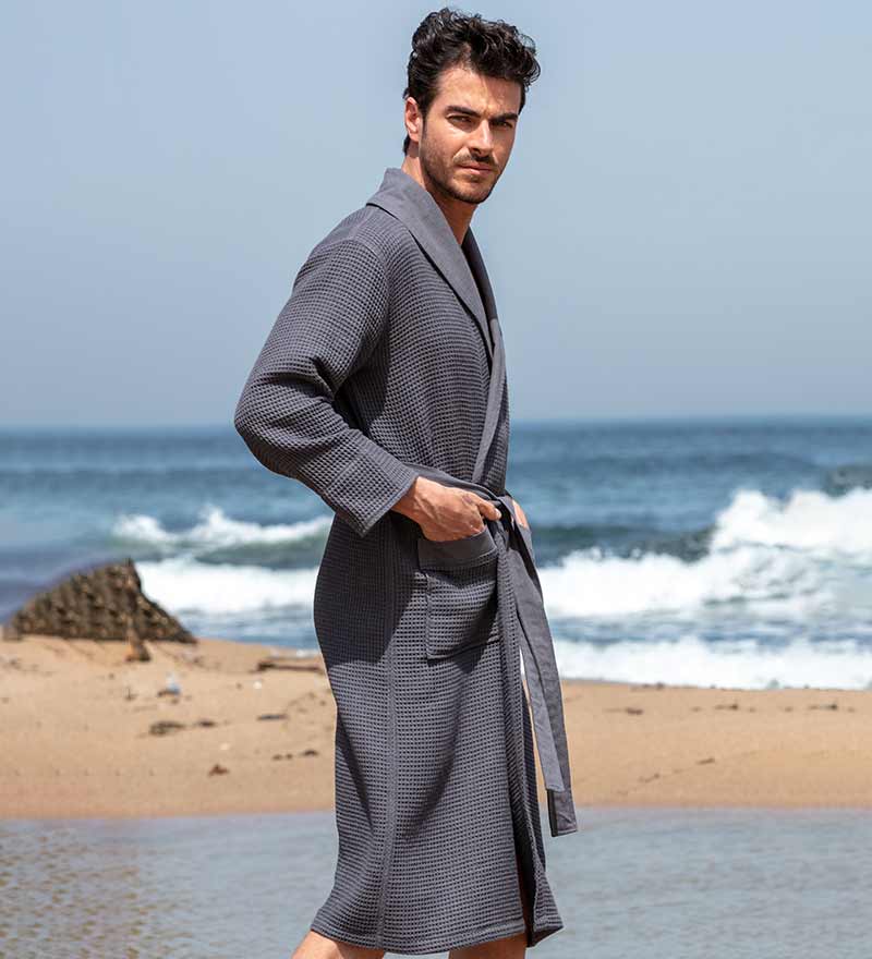 Men's Lightweight Waffle Spa Robe with Shawl Collar
