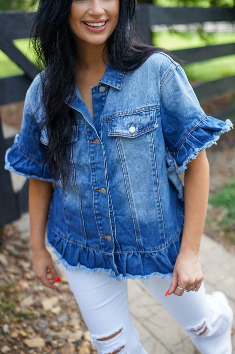 Luisa Ruffled Short Sleeve Denim Jacket